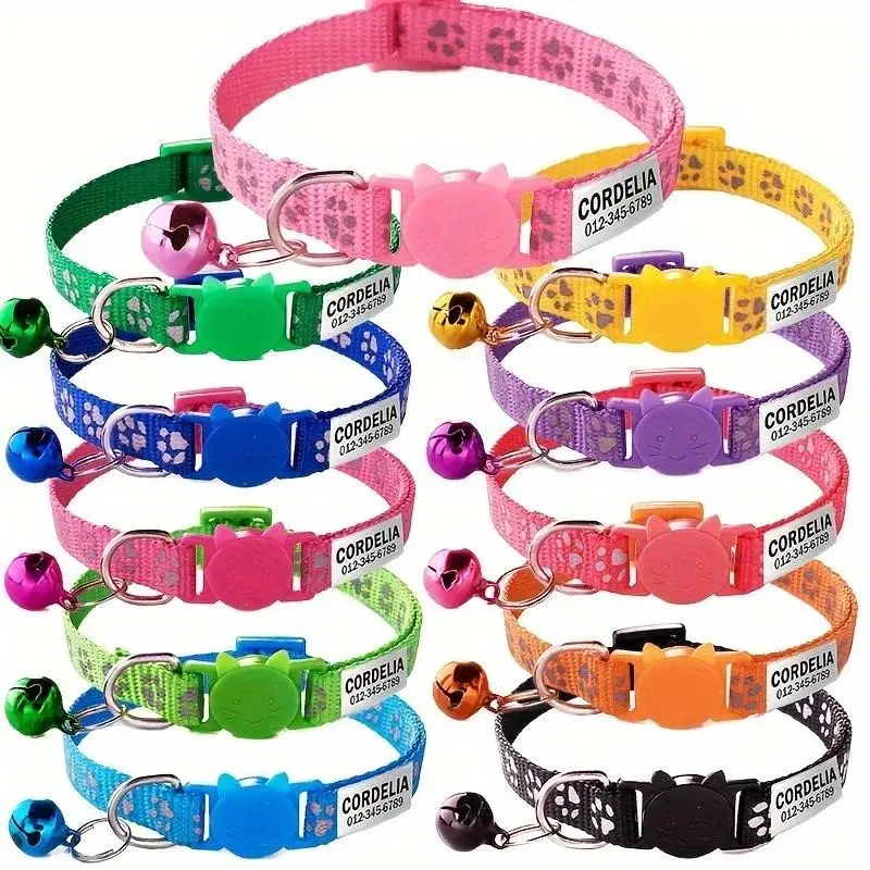 Custom Reflective Paw Cat Collar Personalized ID Adjustable Safety Buckle with Bell Free Engraving Nylon Puppy Kittens Necklace