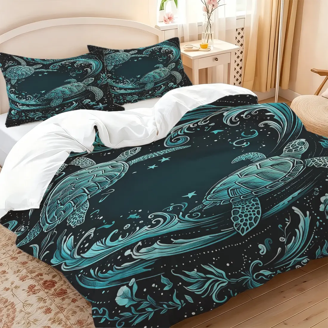 2/3pcs Teal Boho Sea Turtle HD Digital Print Bedding Set, Soft Fade-Resistant Comforter Cover No Filler, Aesthetic Duvet Cover Set for Coastal Themed Bedroom All-Season Use