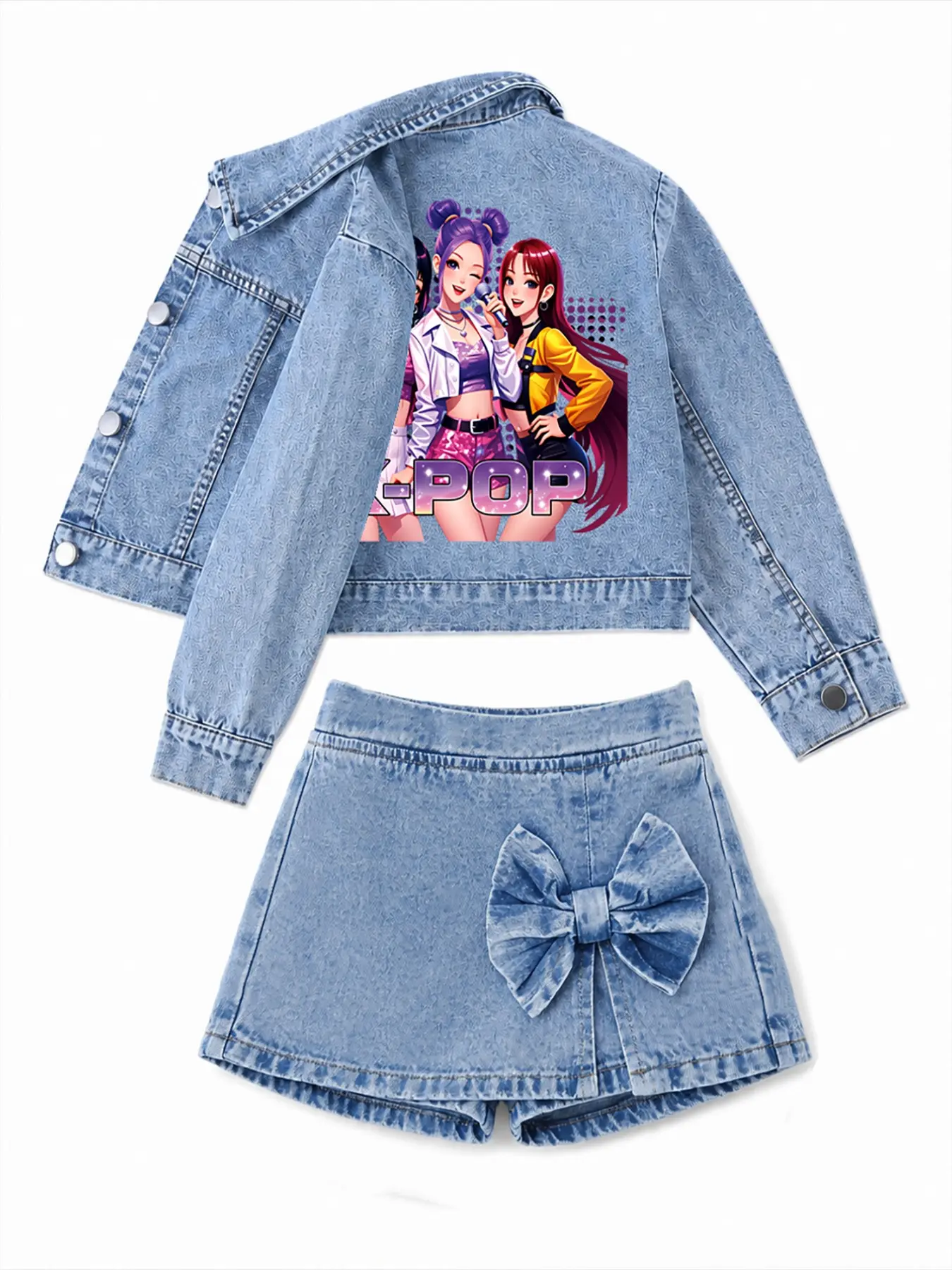 Girls' Anime Character Print Denim Set, Spring Fall Fashion Casual Simple Jacket and Skirt Set, Classic Trendy Versatile for Daily Wear