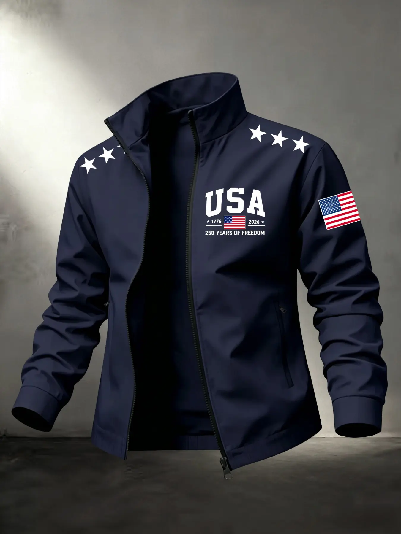 Men Stand Collar Zip Up Lightweight Jacket, USA 1776-2026 250 Years Freedom Star American Flag Print Casual Patriotic Outdoor Coat with Zipper Pockets #USAPatrioticJacket #FlagPrintCoat #OutdoorJacket #VintageUSAJacket #TikTokMadeMeBuyIt