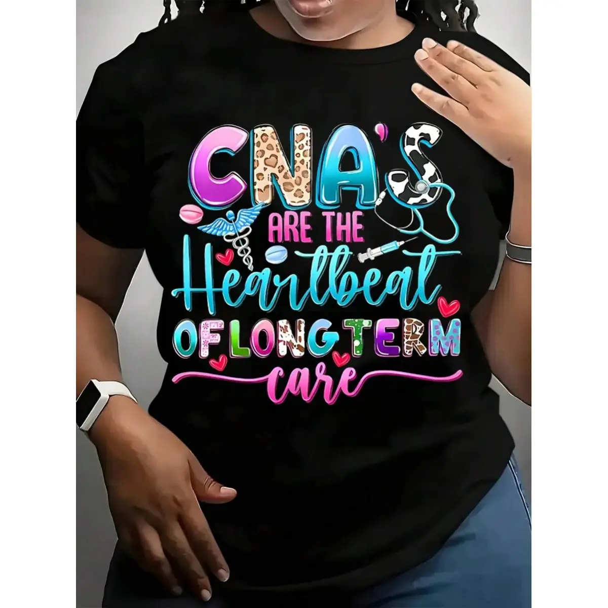 Men's CNA Graphic T-Shirt with Stethoscope & Leopard Print, Casual Cotton Blend Round Neck Short-Sleeve Top for Nursing Professionals, Shortsleeve, Cna's & Stethoscope