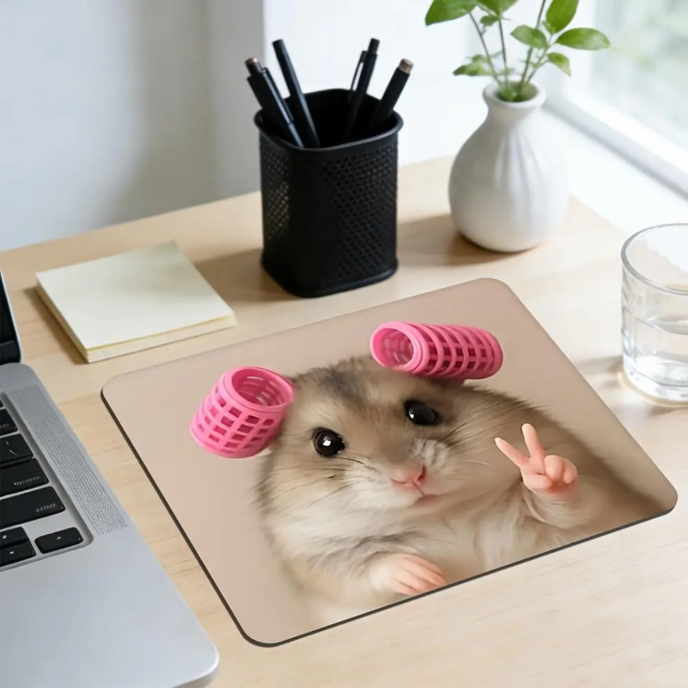Happy Hamster Meme Theme Non-Woven Fabric Single Pad Mouse Pad - Anti-Slipping Rubber Blend Base, Precision Overlocking Process, for Gaming Desk, Office Use