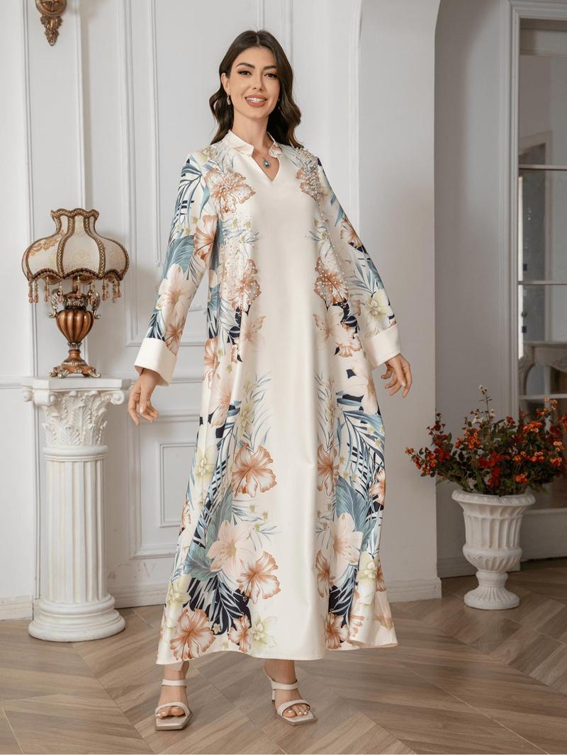 Women's Floral Print Long Sleeve Dress, Kaftan Dress, Elegant Fashion Casual Long Dress for Daily Outdoor Wear, Women's Islamic Clothing for All Seasons, Islamic Muslim Clothing, Modesty Muslim Clothing, Muslim Women Gowns