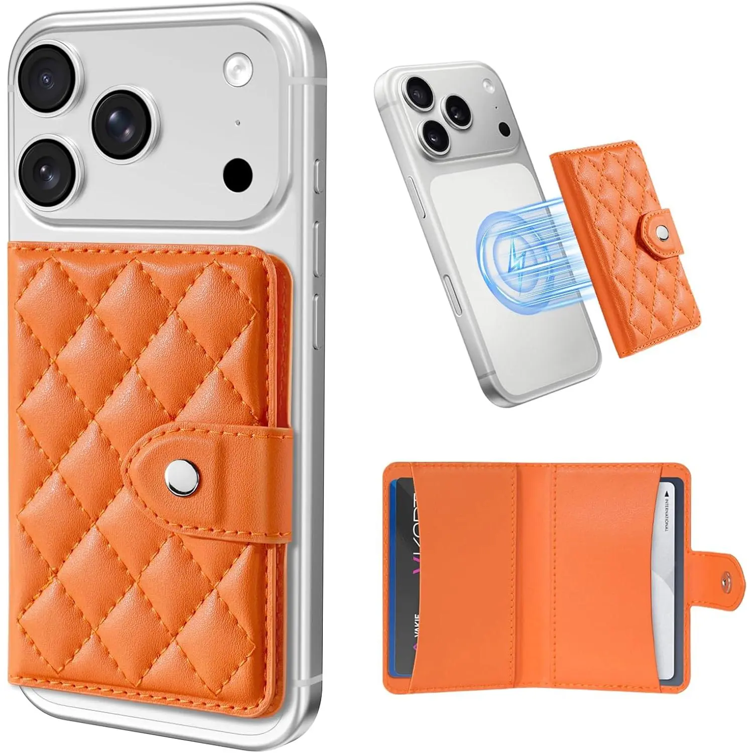 MagSafe Fit Quilting Leather RFID Blocking 4-Card Holder Slim Wallet, Compatible with iPhone 17/16/15/14/13/12 Series Smartphone/Cellphone (Not for 13/12 Mini), Orange, Mobile