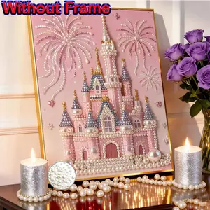 New Pearl Diamond Painting Kit, Pink fairy tale castle,Handmade Pearl Wall Art  DIY Stress Relief, Home Decor, Holiday Gift, No Frame Included, Creative Craft Supplies
