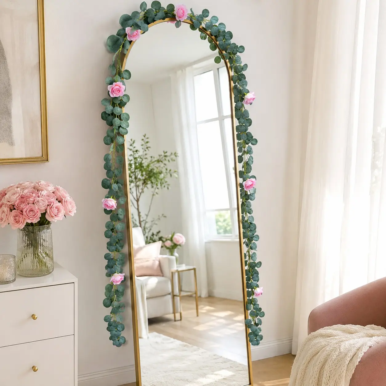 Artificial Eucalyptus Pink Rose Garland 74.8 Inch Bendable Silk Floral Vine, Full Greenery Table Runner for Wedding Arch Mantel Mirror Wall Backdrop, Reusable Fake Flower Garland for Birthday Party Stair Bedroom Indoor Home Decor