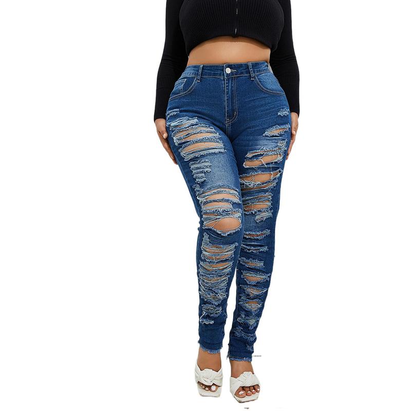 Women's Plus Size Stretchy Skinny  jeans in black Ripped Distressed Denim, Basic Style Ankle-Length Denim Pants
