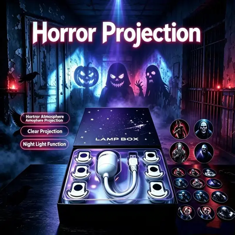 USB Plug-in Halloween Horror Projector Light with 12/24 Scary Character Pattern Slides. Easy Setup Halloween Decor for Home, Bedroom & Parties