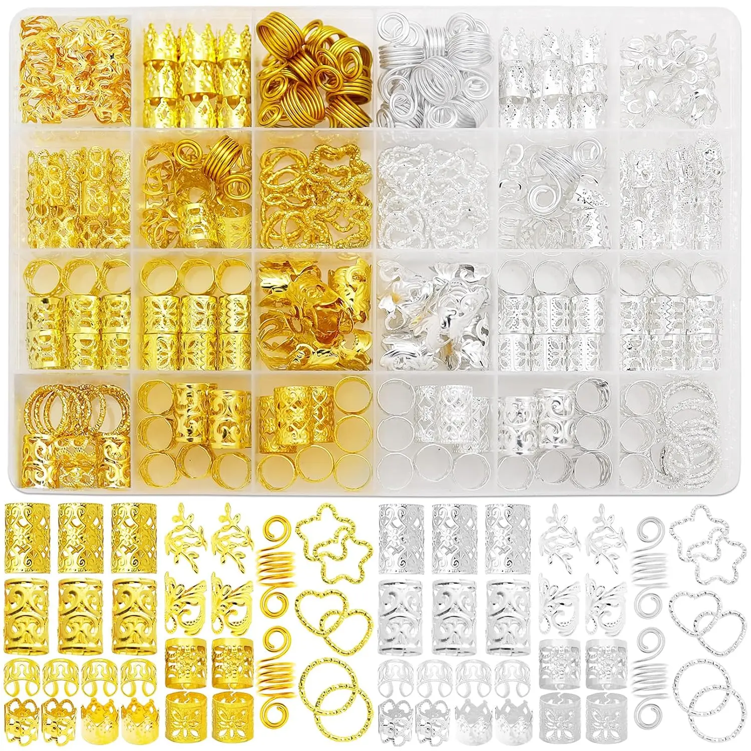 260 Pcs Mixed Shapes Hair Jewelry Kit - Braid Accessory, Cuff & Ring, Metal Clip, Adjustable Dreadlock Loc Decor for Party Wear Rave Look (Golden & Silvery)