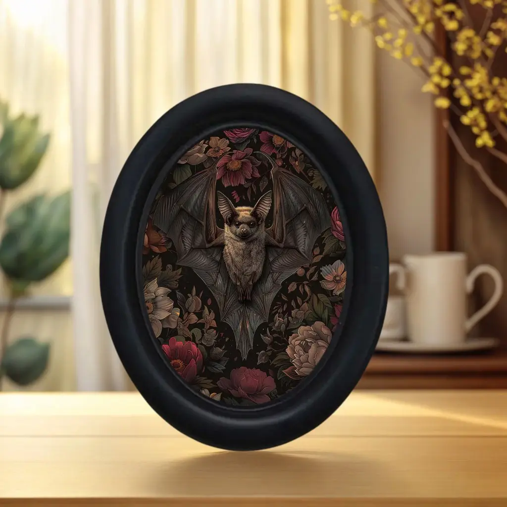 Gothic Floral Bat Oval Decoration, Vintage Dark Bat Illustration Frame Ornament, Halloween Desktop Wall Decor, Atmospheric Home Accent