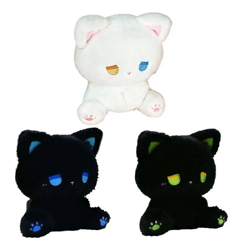 Emo Sad Fluffy White Black Cat Plush Toy - Soft Stuffed Kitten Doll, Sleep Toy, Birthday Valentine's Day Gift for Home Decor, No