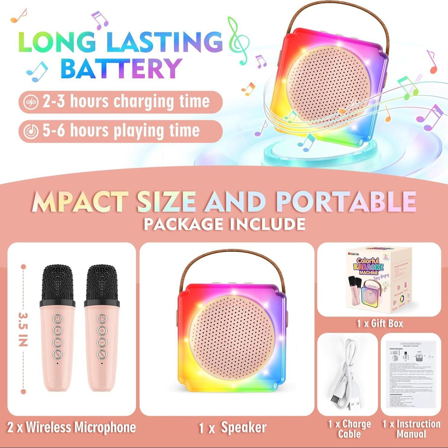 Portable Multifunction Karaoke Machine with 2 Wireless Microphones, USB Rechargeable Handheld KTV Smart Karaoke Toy with 5 Magic Sound Effects, Suitable for Home, Party, Festival