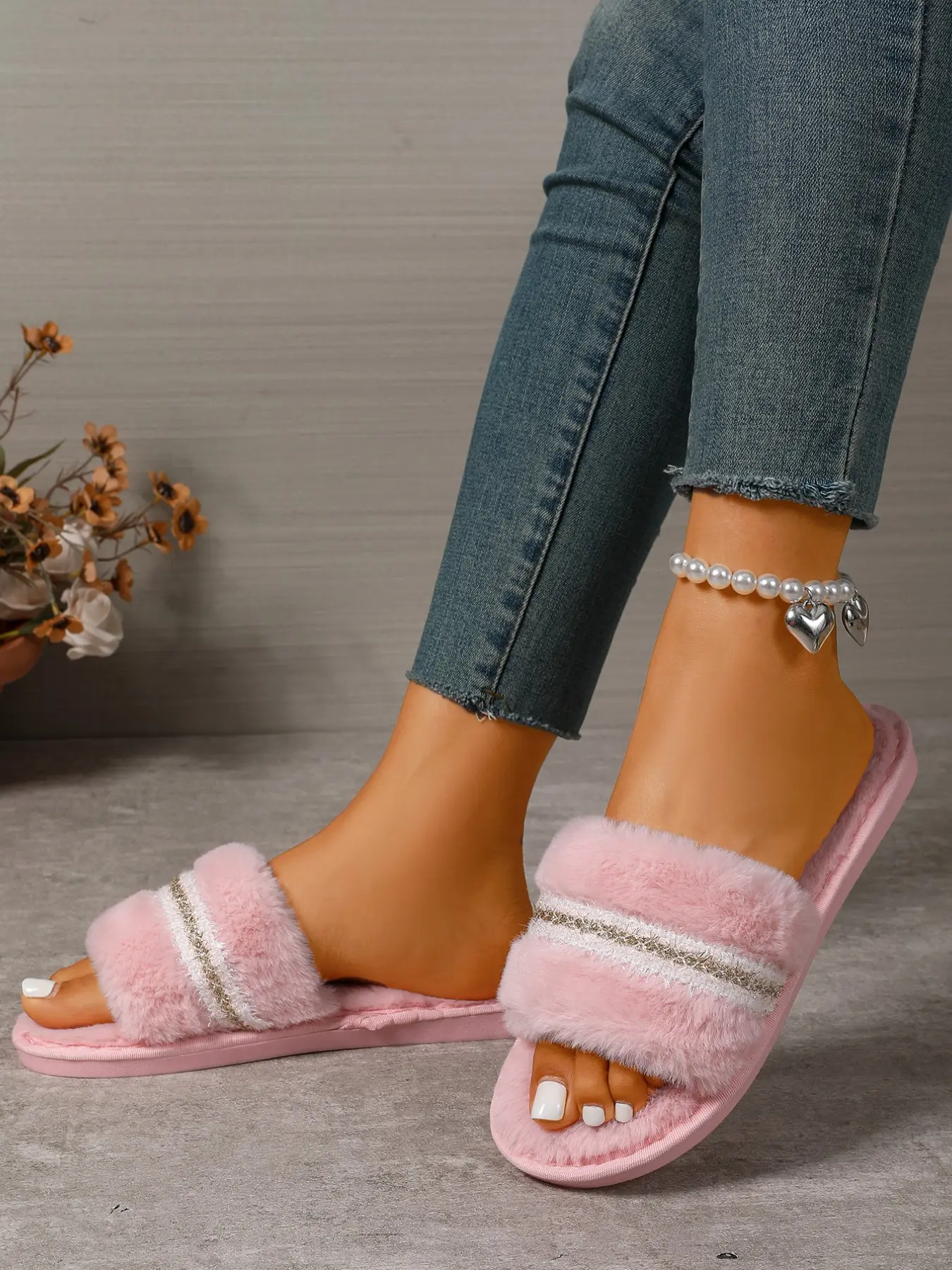 Women's Plush Slippers, Silver Stripe Open Toe Soft Flat Home Shoes, Casual Indoor Outdoor Walking Slip-Ons