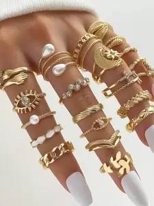 Vintage Elegant Stackable Women's Ring Set, Unique Rings, Stacking Ring Set, Heart Shape Faux Pearl Flower Geometric Cross Eye Leaf Star Tassel Moon Sun Round Square Wave Chain, Stackable Finger Rings