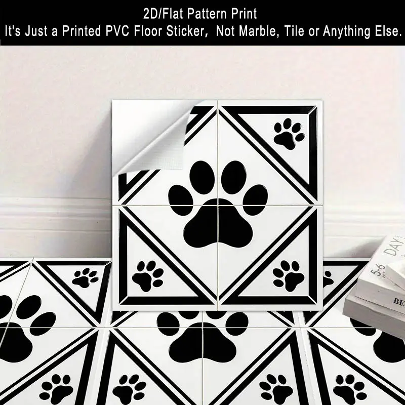 10pcs 2D Flat Self-Adhesive Removable Floor Stickers with Paw Print Black And White Geometric Pet Pattern PVC Floor Decals, Renovation Floor Art Wall Stickers, 11.81X11.81 Inches(30*30Cm) Holiday Party Decor! Suitable Indoor Room Home Bedroom