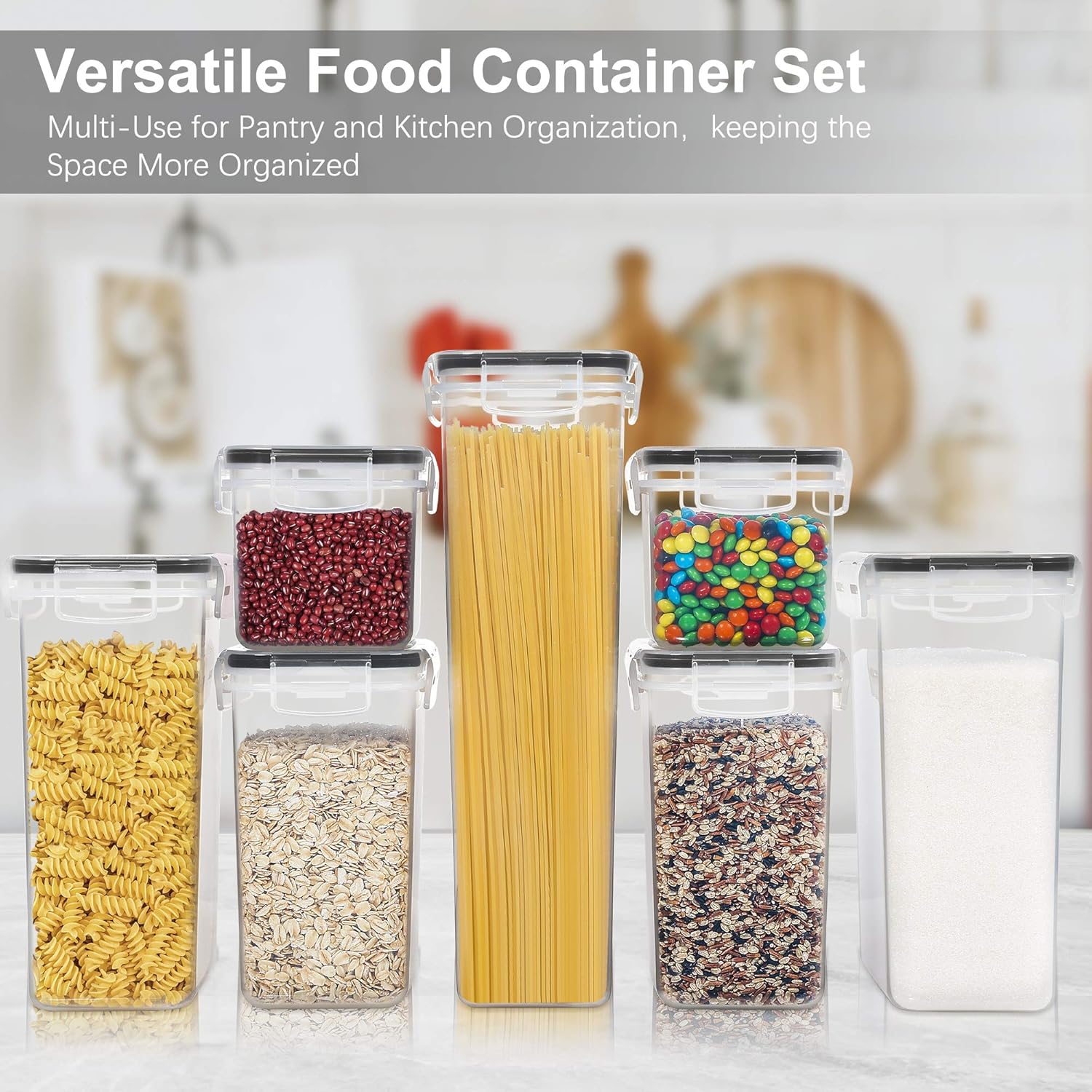 Airtight  Storage Containers with , 7 count  Kitchen Canisters for Spaghetti, Pasta, Dry , Flour and Sugar, Plastic Canisters for Pantry Organization and Storage
