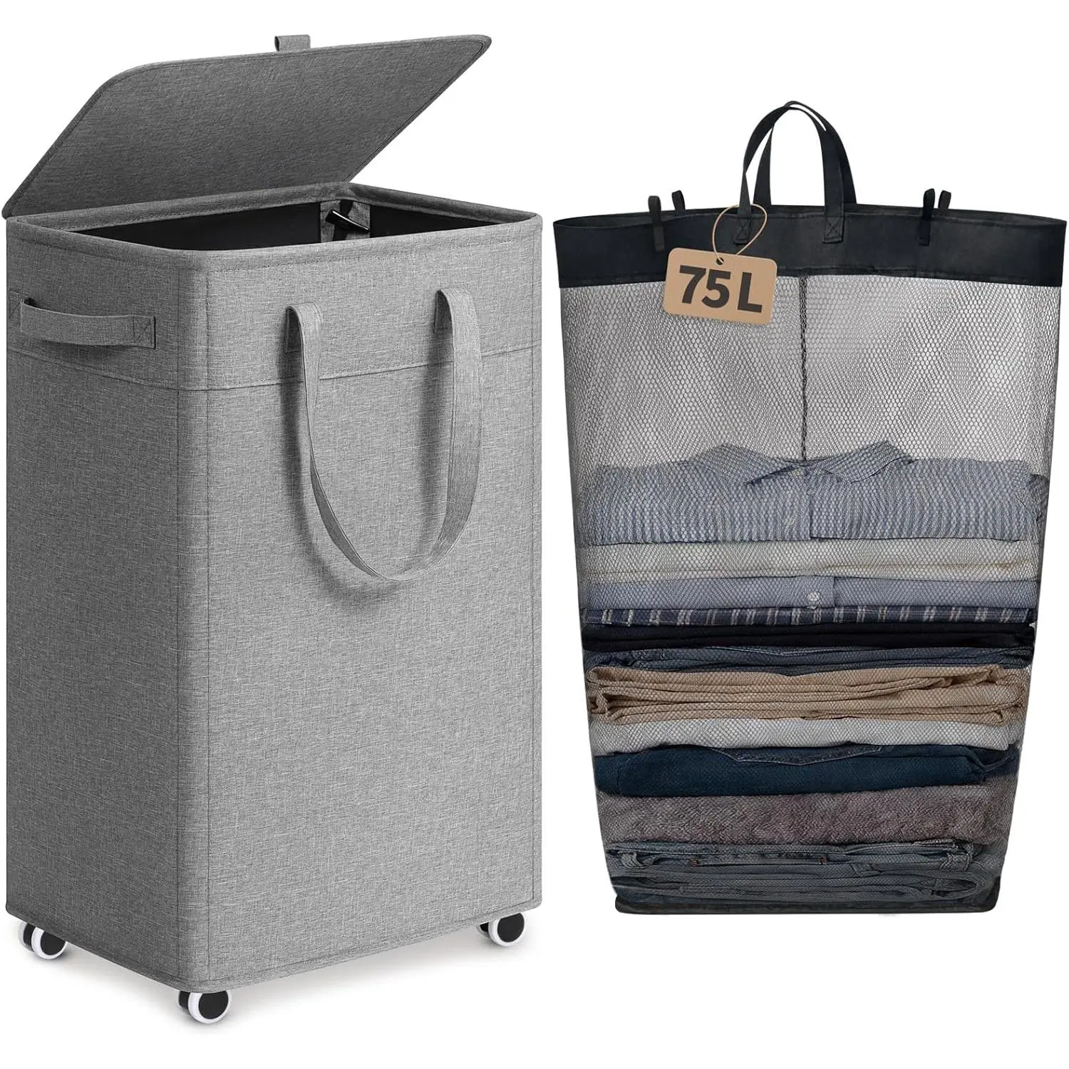 Goodpick Wheeled Laundry Basket with Lid, 75L Collapsible Rolling Hamper with Removable Wash Bag & Handles, Tall Dirty Clothes Holder for Bathroom Dorm, Light Grey