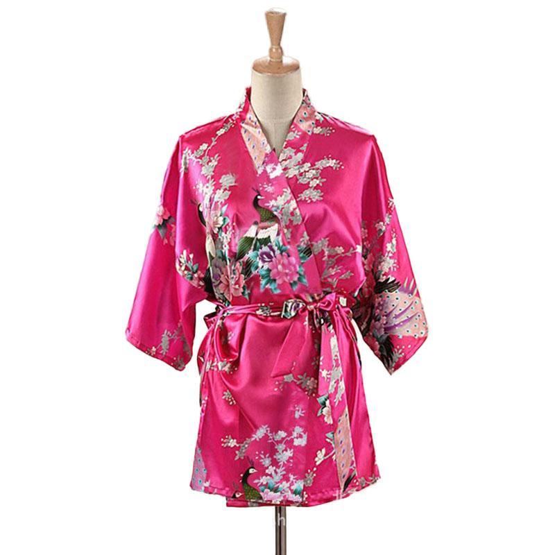 Lace Up Woman Peacock Print Japanese Kimono Yukata Silk Satin Short Style Sleepwear Home Nightgown Bath Robe Costume