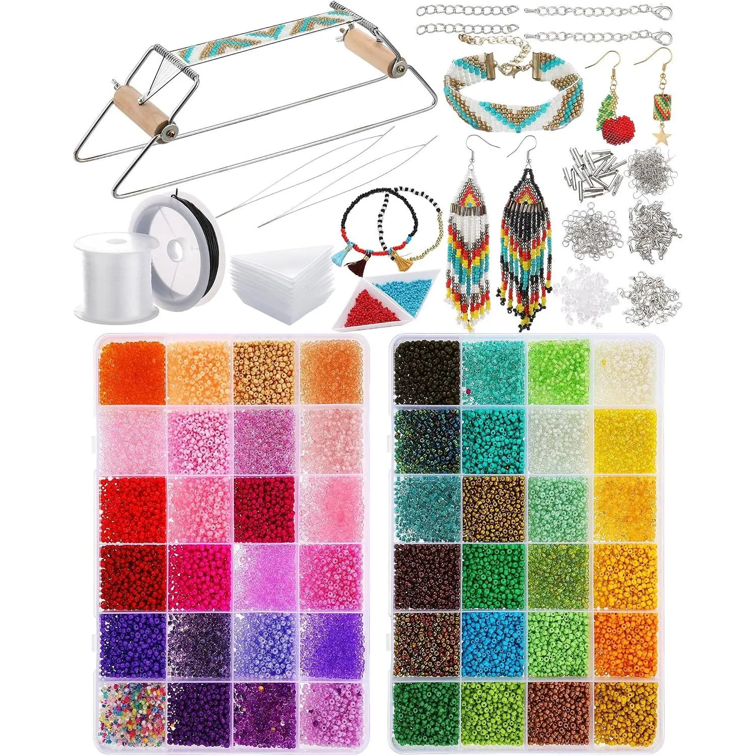 Bead Loom Kit for Adults 24000 count 48 Color 2mm Glass Seed Beads | Includes Metal Frame, Threads, Clasps, Hooks, Bracelet Earring Necklace Making, Christmas DIY Craft Gifts for Women