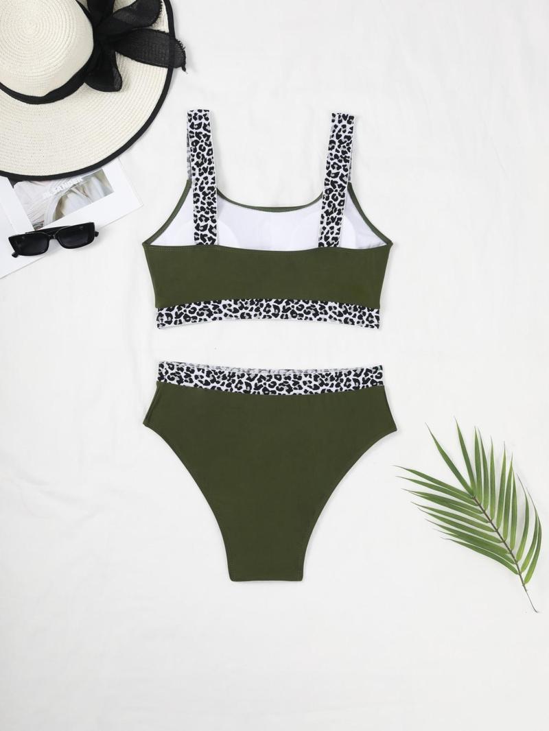 Plus Leopard Patchwork Print Tape Waist Swimsuit, Summer Clothes Women, Women's Casual Comfy Breathable High Stretch Swimwear for Summer, Swim Tankini Tops
