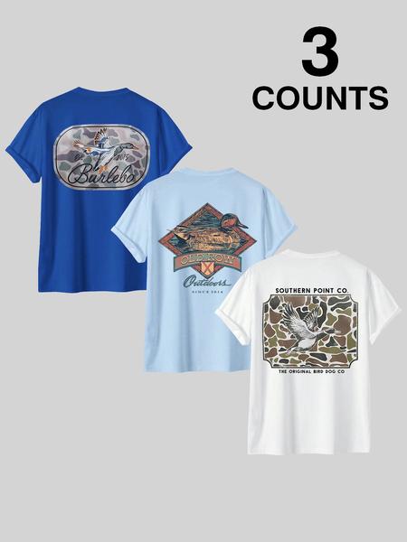 Men's Letter & Bird Print Round Neck Graphic Tee, Regular Fit Casual Short Sleeve T-shirt for Summer, Men's Top for Daily Wear, Tropical