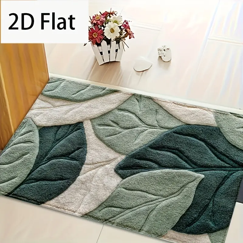 1pc 2D Flat Green Leaf Pattern, Microfiber Non-slip Mat, Home Plush Carpet, Holiday Party Decoration, Suitable for Multi-scene, Fluffy Winter Decoration, Holiday Gifts, 2D Flat
