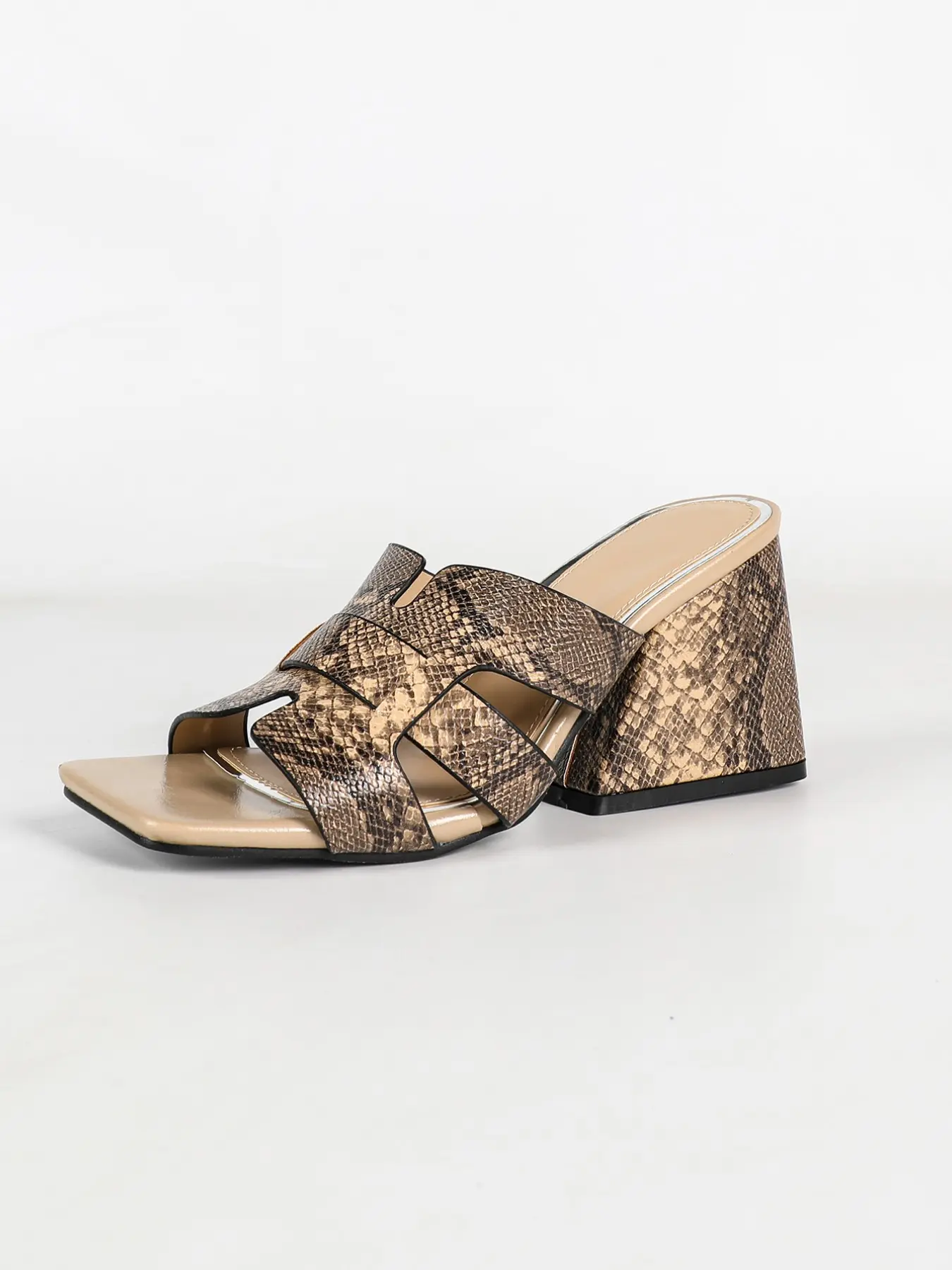 New Retro Snake Print Hollow Out Sandals, Summer European Style Square Toe High Heel Slippers, Women's Evening Footwear