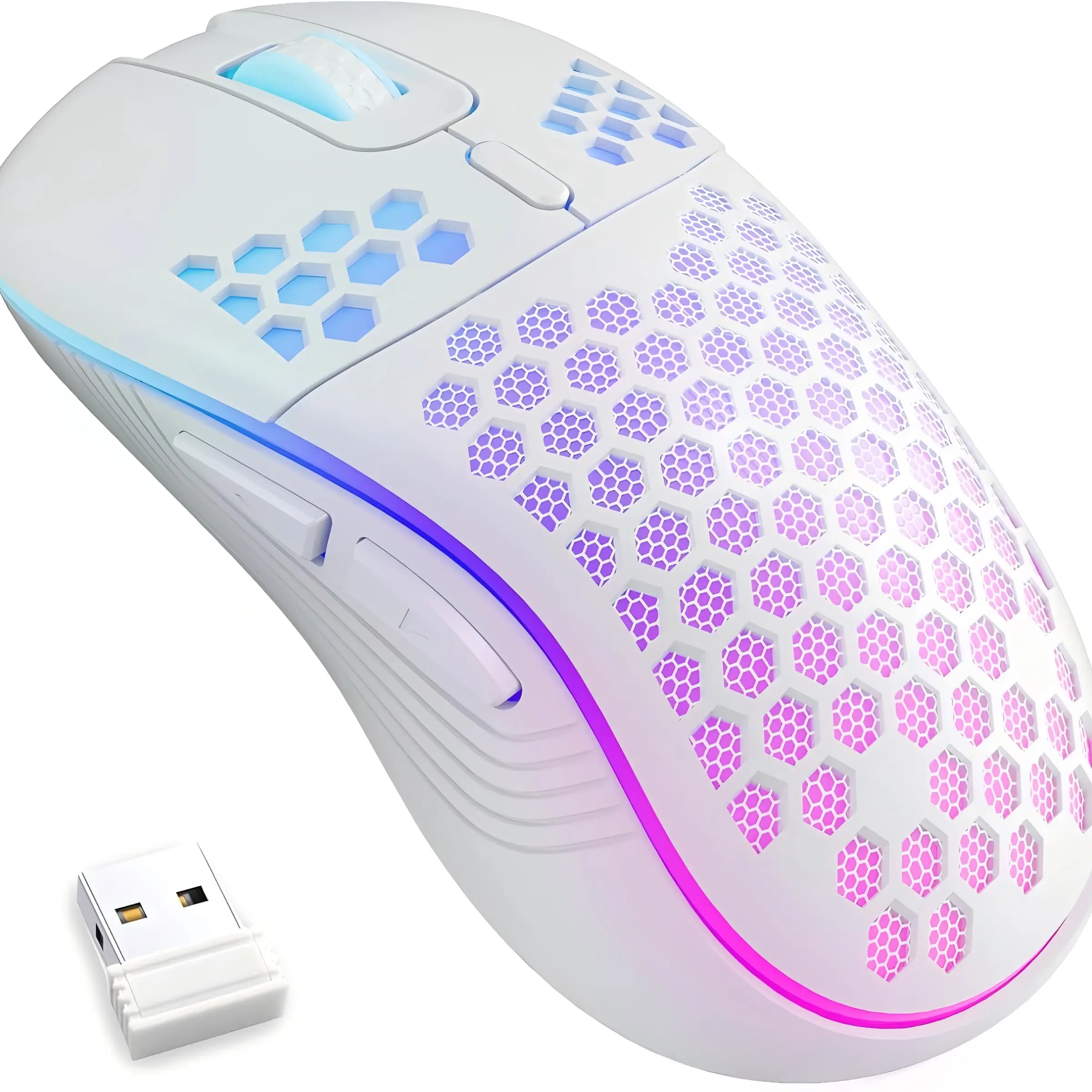 Wireless Lightweight Gaming Mouse, Ultra-Light Honeycomb Shell, 2.4g Wireless Rechargeable RGB Backlight, 6 Buttons, Adjustable 3200 Dpi, USB Receiver