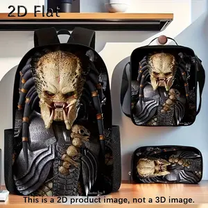 3Pcs Predator Alien Print Backpack Set Durable 600D Oxford Cloth School Bag Insulated Lunch Box & Pencil Case Combo Adjustable Breathable Strap Large Capacity Fits 15in Laptop for Kids Teens School Travel Outdoor Use