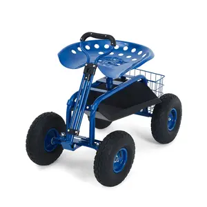 Garvee Heavy Duty Rolling Garden Work Seat – 360° Swivel Stool – 10" All-Terrain Inflatable Wheels – Extendable Steering Handle – Metal Tool Tray & Storage Basket – 300 lbs Capacity – Ideal for Planting, Weeding, Yard Maintenance