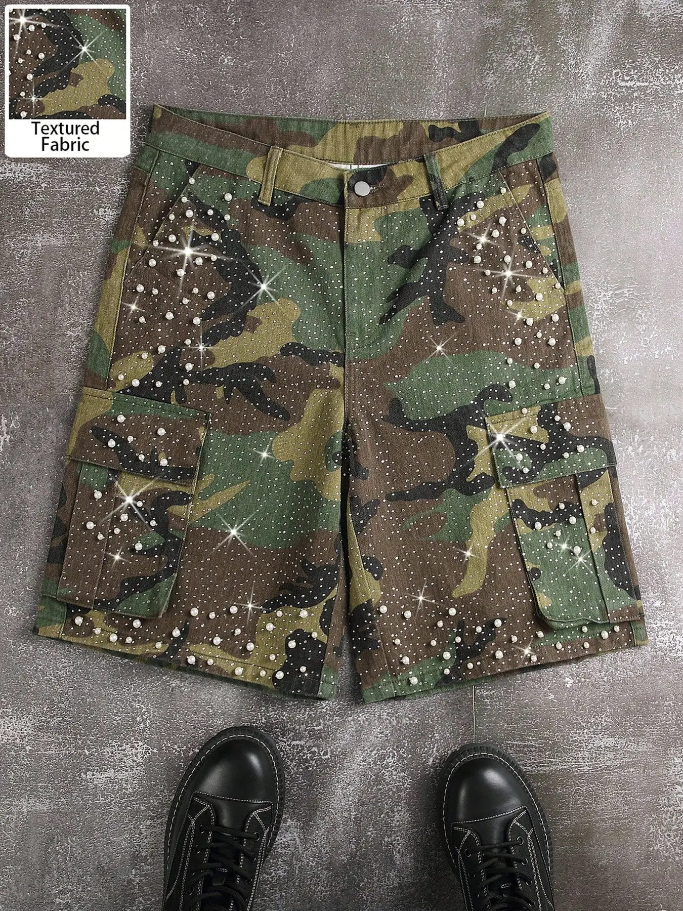 Men's Camouflage Rhinestone Loose Straight Leg Knee-Length Denim Shorts, Large-Area Diamond and Pearl Embellishment, Suitable for Music Festivals and Party Wear