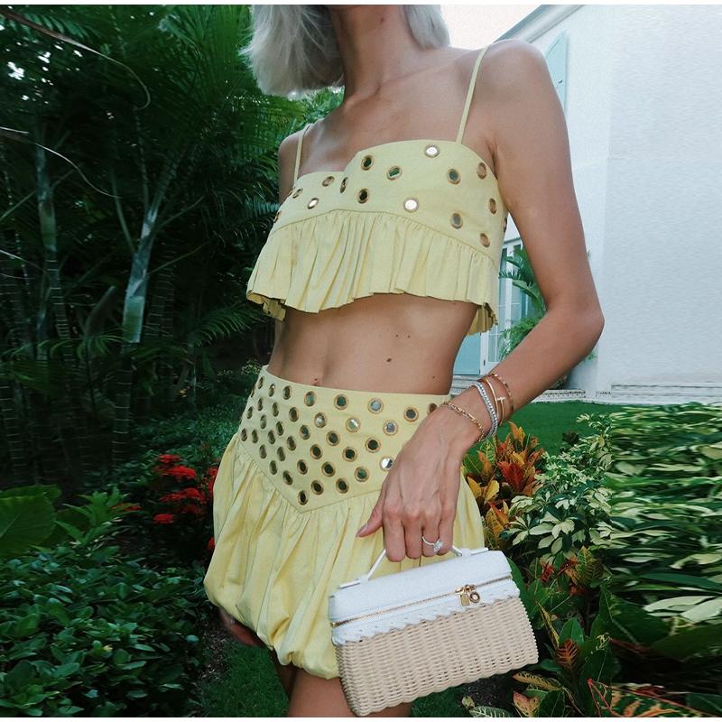 New2025Hollow Out Crop Tank Pleated Skirt Sets Women Ring Bead Strap Sleeveless Backless Vest A-line Skrits Suits Spring Street