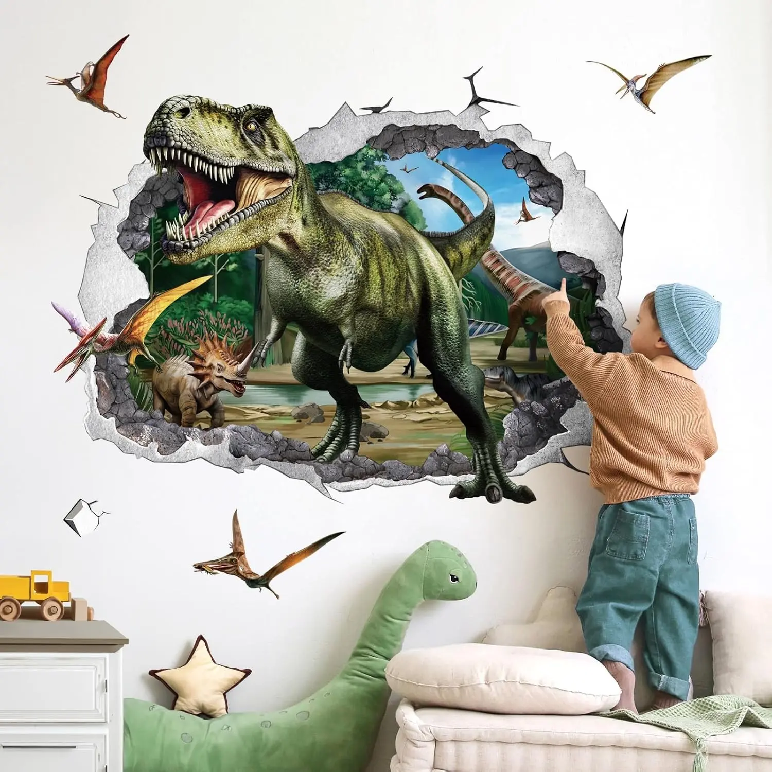 3D Large Dinosaur Crack Hole Wall Stickers - Smooth, Removable Dino Peel-and-Stick Wall Decor for Boys' Room, Baby Nursery - Ideal Gift for Kids' Bedroom, Wedding Home Supplies