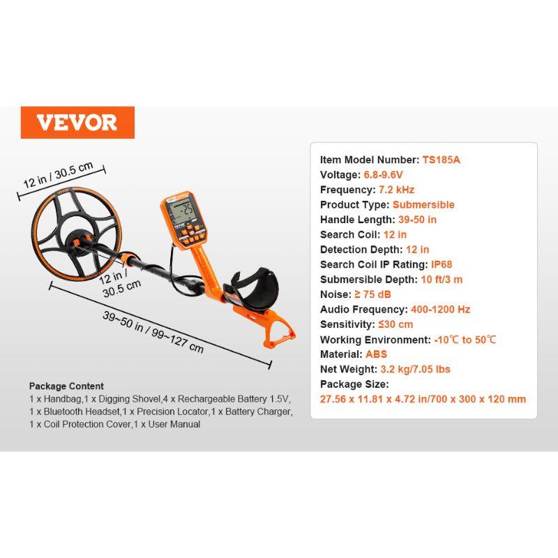 VEVOR Waterproof Metal Detector, 12 Coil, Professional Rechargeable Gold Detector, 39-50 in Adjustable with LCD 7 Modes Advanced DSP Chip Bluetooth Headset, IP68 for Detecting Gold Treasure Hunting