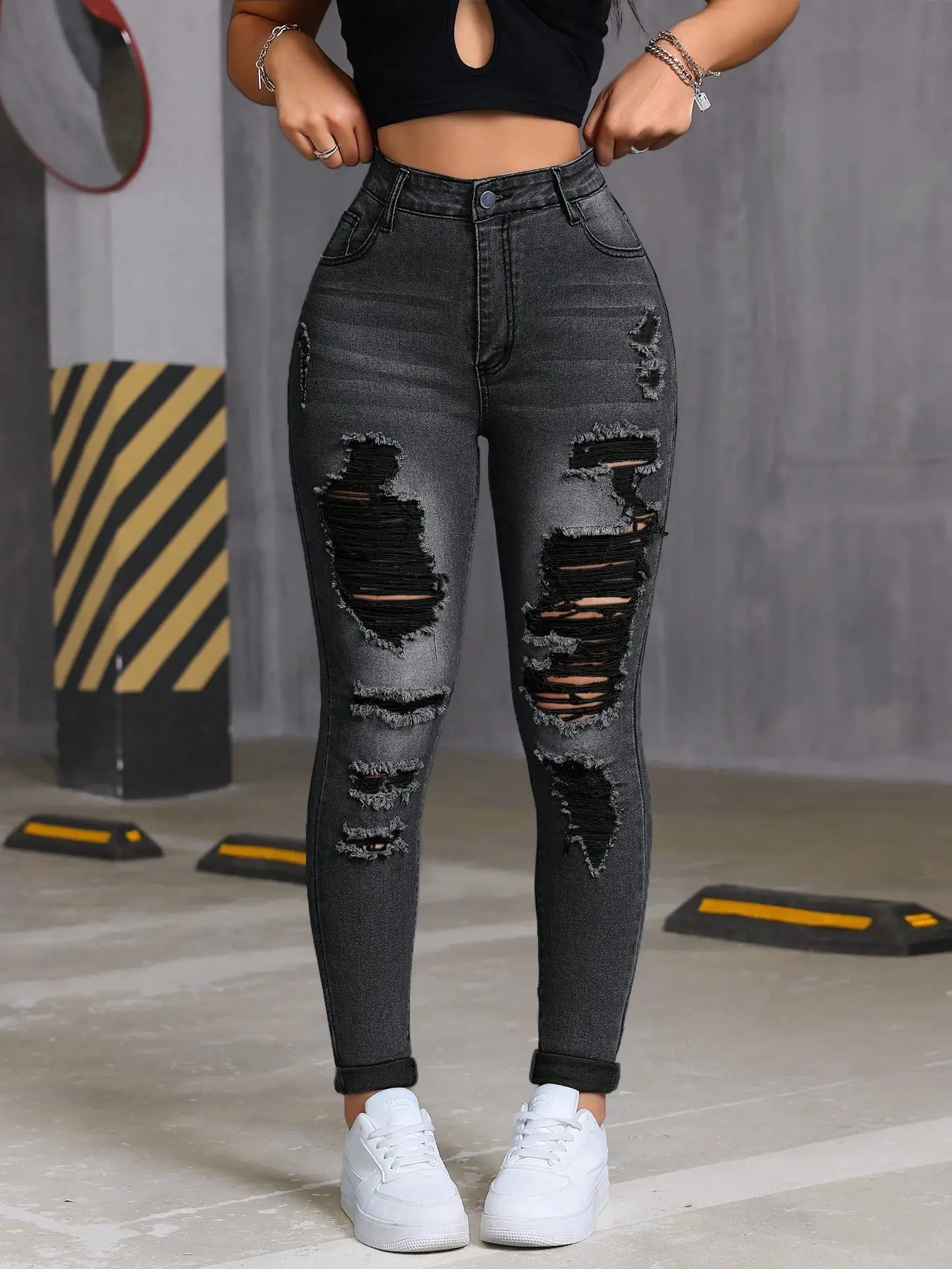 Black Plus Size Ripped High Waist Skinny Jeans Fall Halloween Back To School Birthday Mexican