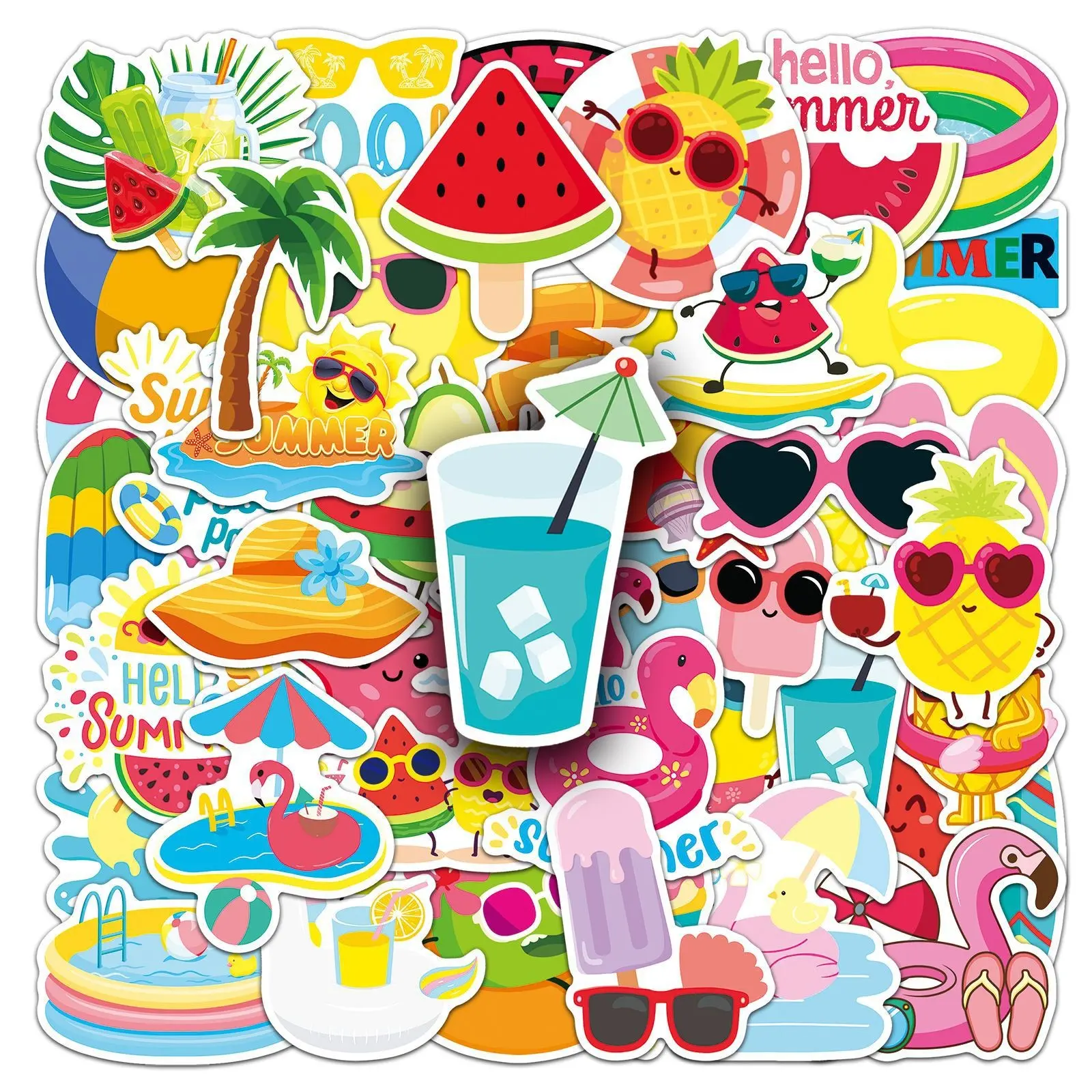 50 Summer Graffiti Stickers, Personalized Beach Decor, Creative Water Cup Phone Case Stickers, Guitar Stickers, Fun and Fresh Design