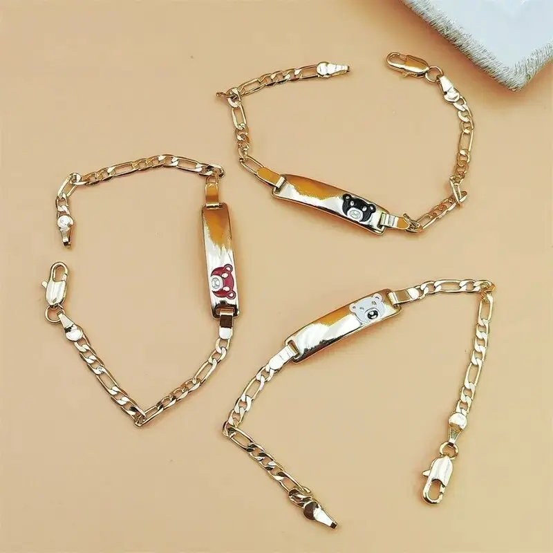 Gold Baby ID Bracelet for Toddlers Cute Bear Newborn Name Bracelets Personalized Infant Figaro Link Chain Jewelry Customized Nameplate Gift for Baby Shower Birthday Adjustable Kids Identification