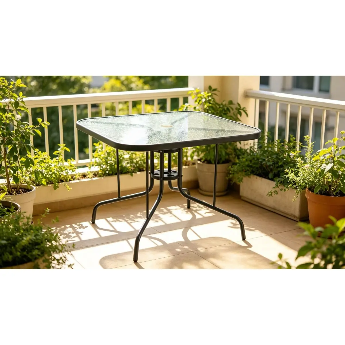 Tangkula 35 Inch Patio Dining Table with Tempered Glass Top, Square 4-Person Outdoor Bistro Table with 1.5" Umbrella Hole & Sturdy Metal Frame, Patio Dining Table for Backyard, Lawn, Deck & Poolside
