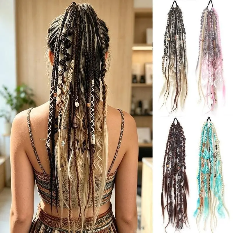 Bohemian Faux Locs Ponytail Hair Extension, Unisex Matte Fiber Braided Hair Piece with Colorful Cord Accents, Lightweight Tangle‑Resistant Braid for Festival & All‑Season Daily Styling