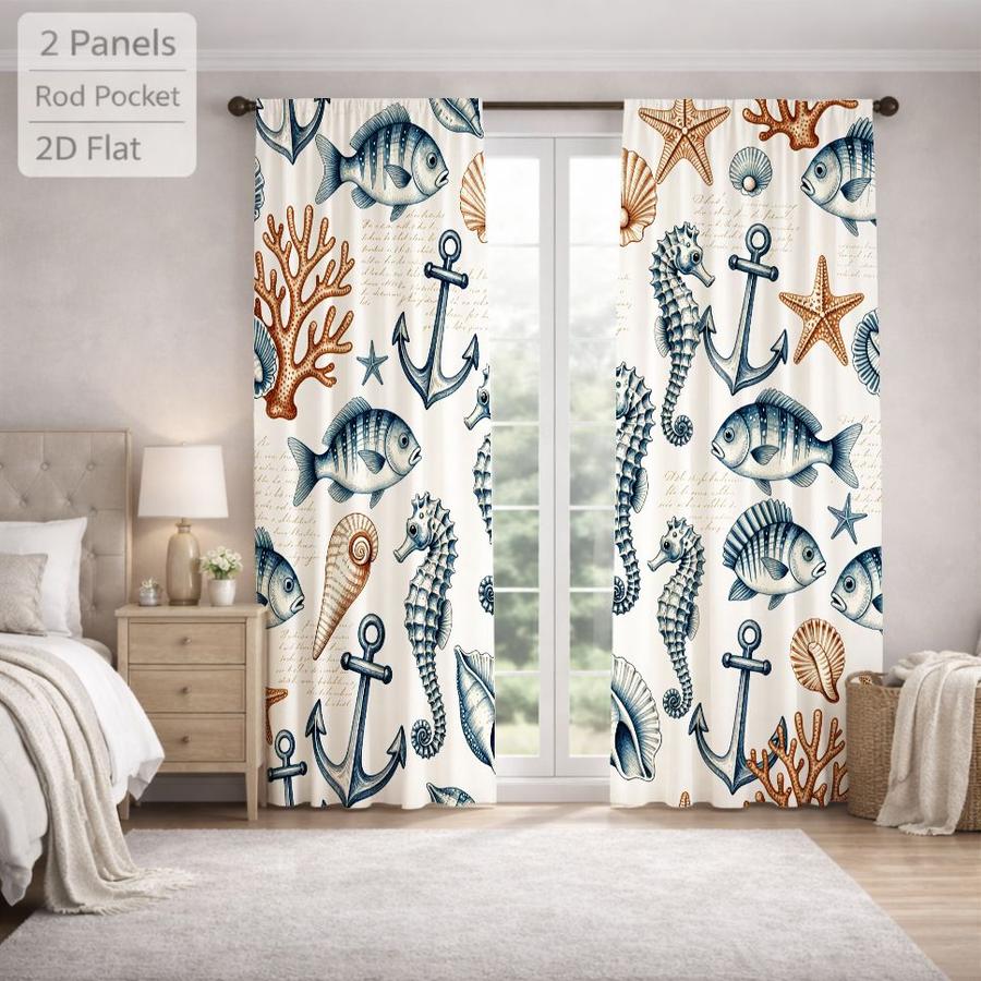 2 Pcs Nautical Themed Ocean Seahorse Fish Shell Anchor Pattern Sun Blocking Curtains Digital Printed Rod Pocket for Bedroom Office Kitchen Living Room Study Home Decor