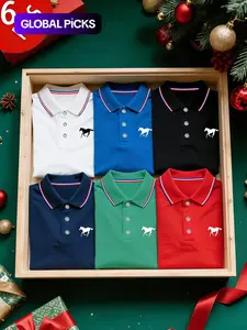 Men's Polo Shirt Set, Casual Fashion, Solid-Color Fitted Short-Sleeve Horse-Print Polo with Contrast Collar, Breathable Shirts for Daily Wear and Golf, Menswear