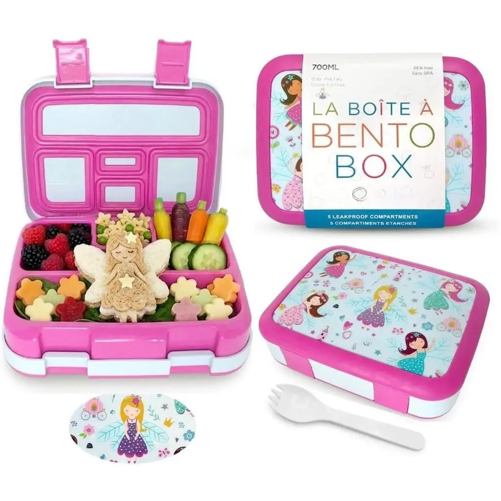 Bento Lunch Box Container for Small  Girls,  Fairy Princess | 5 Portion Sections,  Spill-Proof Leakproof Removable Plastic Tray, Snacks and Lunches for
