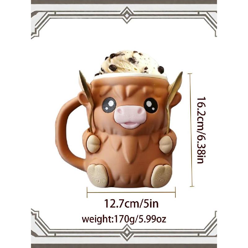 Highland beef ice cream pint holder, cute ice cream pint, 3D printed reusable popsicle container, dessert cup with antifreeze handle - the ideal gift for Highland beef lovers (brown).Cute penguin cup, comes with a spoon, Christmas gift, family use