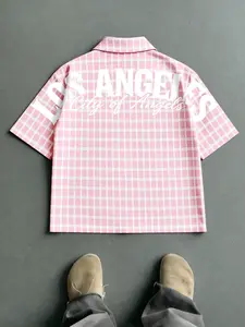 Plaid Short Sleeve Shirt, American Style Plaid Print Shirt, Los Angeles Letter Plaid Shirt, Retro Vintage Plaid Short Sleeve Shirt