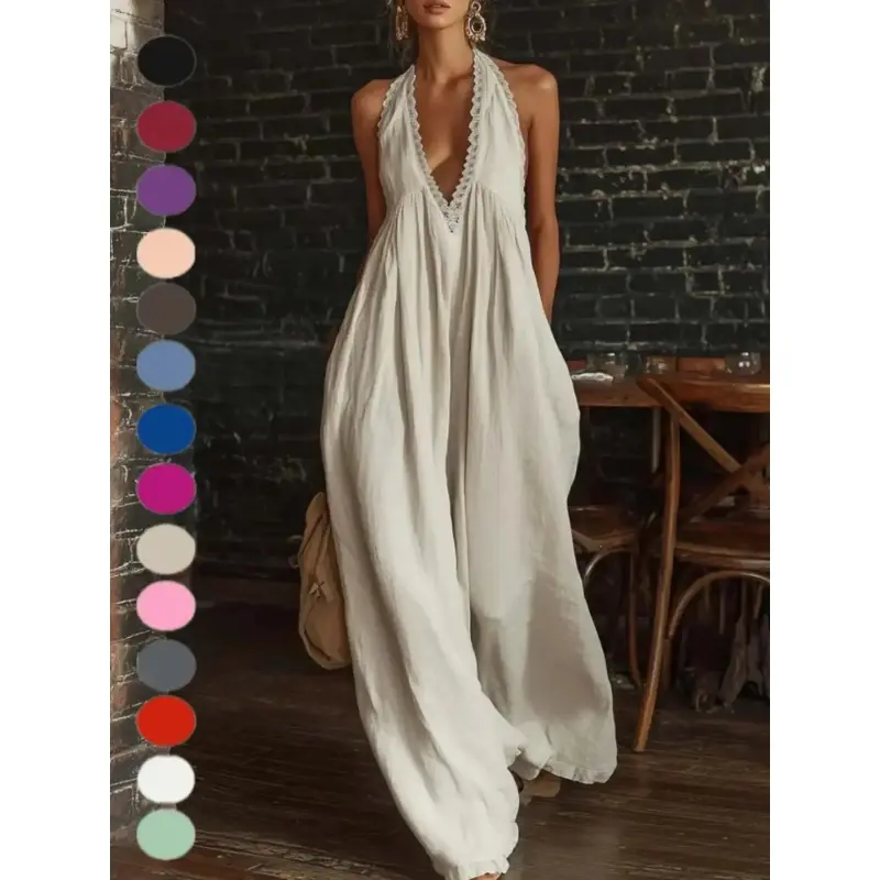 Elegant Feminine Lace Edge Linen Romper, Comfortable Loose Fit, Casual European Style, Ideal for Cross-Border Shopping, Available on & Shei