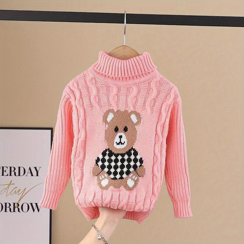 1pc Kids Cartoon Bear Turtleneck Sweater - 100% Acrylic Knit Fabric, Casual High Neck, Skinny Fit, Long Sleeve, Regular Length - Boys and Girls Fall/Winter Pullover Sweater