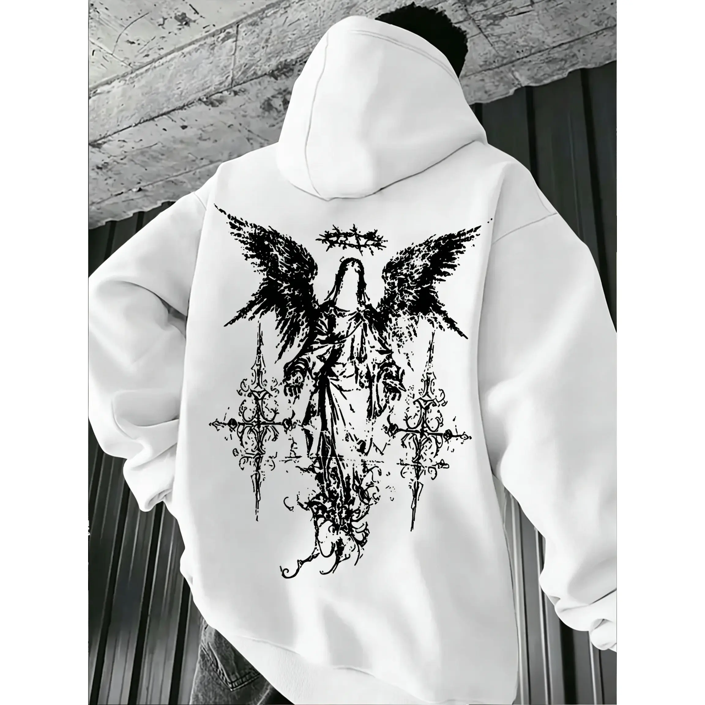Men's Angel Element Graffiti Thorn Print Streetwear Hip-Hop Punk Style Hooded Sweatshirt,Grunge Fallen Angel Thorn Crown Graphic Hoodie, Casual Long-Sleeve Pullover