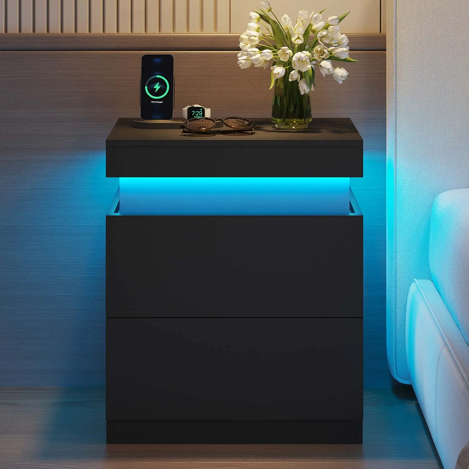 SIKAIC Black Rectangle Smart Nightstand - Modern Engineered Wood Bedroom Furniture, 2-Drawer End Side Tables with Sliding Top Drawer, 2 AC Outlets Charging Port, RGB LED Lights, Mobile App Compatibility, Assembly Required, Charging Port Bedroom Furniture