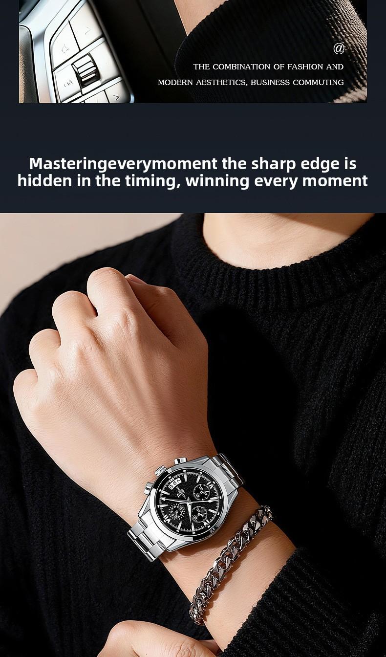 Men's Luxury Black Dial Chronograph Quartz Watch - Stainless Steel Wristwatch with Date, Multi-Function Subdials, Luminous Hands, Sport Business Dress Watch, Perfect Gift for Husband Dad Boyfriend