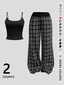 Women's Two-Piece Set with Cami Top and Casual Wide Leg Pants, Stylish Holiday Inspiration for Summer Ootd, Trendy Streetwear for Every Season